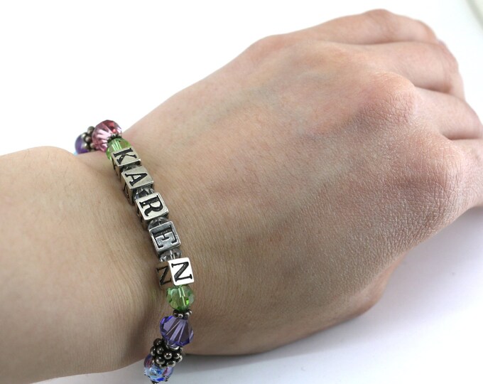 Vintage Colorful Beads Beaded Karen  Name Charm Design Chain Link Bracelet 925 Sterling Silver BR 2846