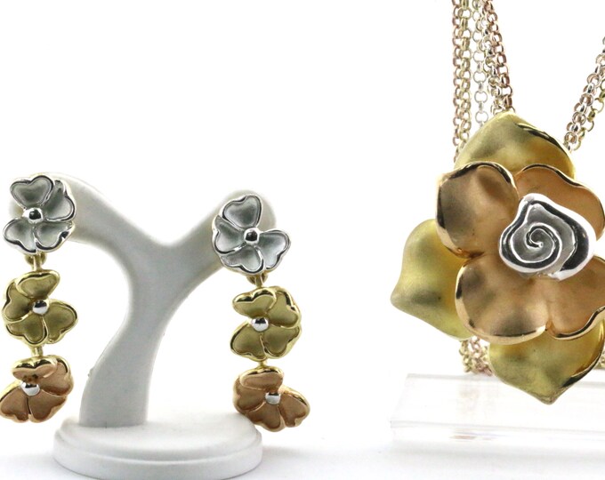 Vintage Floral  Set | Tricolor Rose Necklace & Earrings | Rose Tricolor 3 Stand Chain | Silver 925 Sterling Set | NC 238