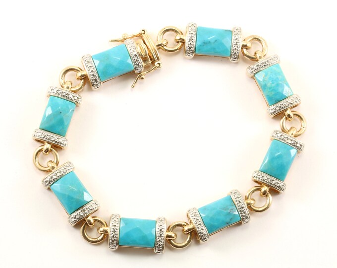 Vintage Turquoise Stone Bar Link Bracelet 925 Sterling BR 1971