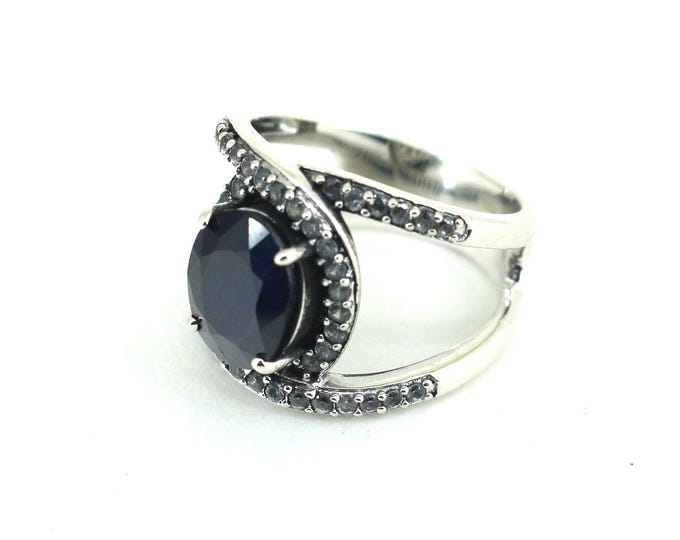 Vintage Size 9 Oval Blue Sapphire & Sparkling Crystals Statement Ring 925 Sterling RG 4106