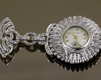 Vintage Akron Watch Brooch: Art Deco Marcasite Sterling Silver Sunflower BB 2245