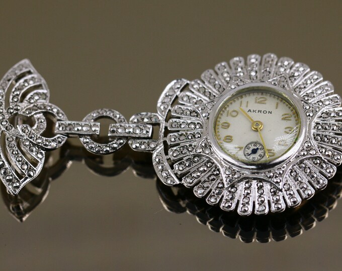 Vintage Akron Watch Kimer & Daniel Beautiful Round Flower Sunflower Shape Art Deco Marcasite Stones Design Brooch Sterling Silver BB 2245