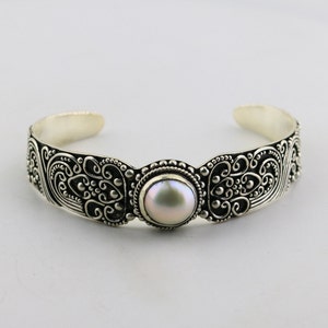 Vintage Suarti Bali Natural Pearl Beaded Scrolls Twisted Gorgeous Beautiful BA Indonesia Design Cuff Bracelet Sterling Silver Br 1190