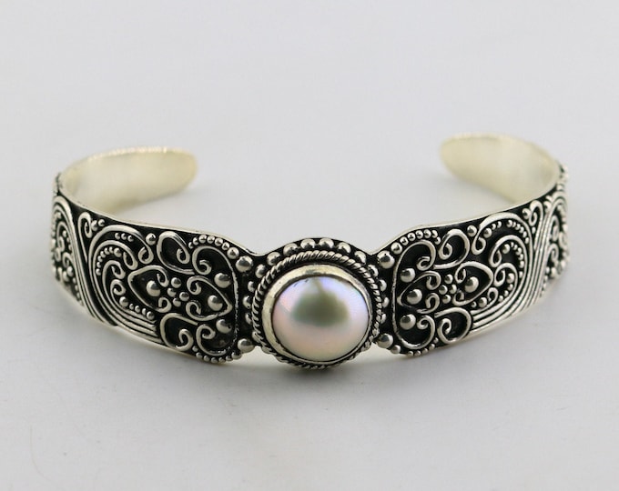 Vintage Suarti Bali Natural Pearl Beaded Scrolls Twisted Gorgeous Beautiful BA Indonesia Design Cuff Bracelet Sterling Silver Br 1190