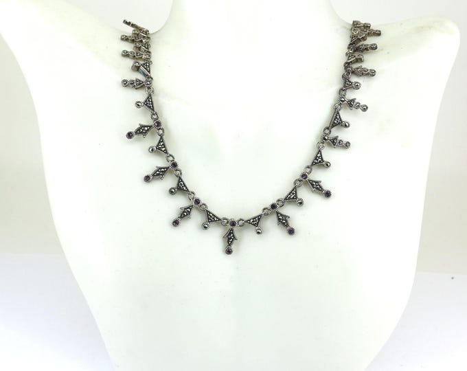Vintage 17 Inch Flat Wavy Marcasite Necklace Pink Crystals 925 Sterling NC 230