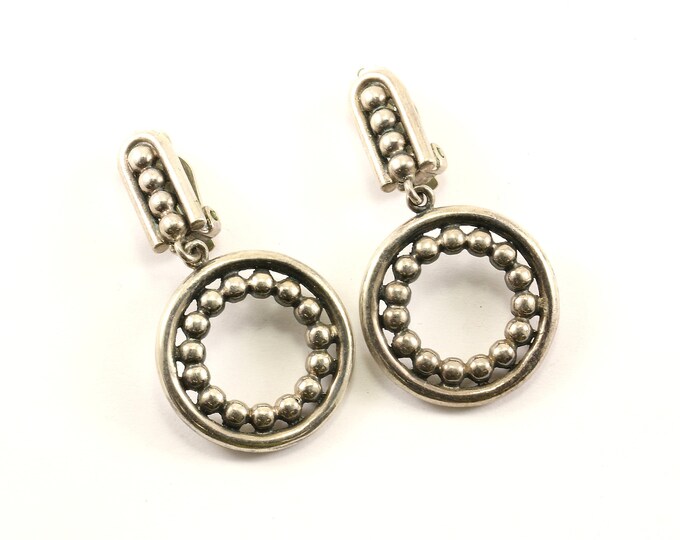 Vintage Beautiful Round Beaded Dangle Design Clip On Earrings Sterling Silver ER 1120