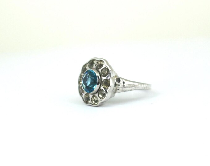 Vintage Blue & White Crystals Flower Shape Design Ring 925 Sterling Silver RG 4168