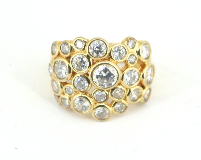 Vintage  Flashy Honeycomb Crystal Inlay CZ 14K Gold Tone Cocktail Ring Sterling 925 Silver RG 2966