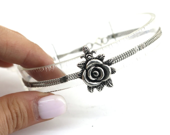 Vintage Rose Flower Floral Design Link Bracelet  Sterling Silver 925 BR 2739