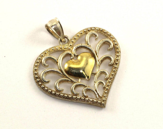 Vintage Heart Shape Scroll Design Gold Tone Pendant 925 Sterling Silver PD 77
