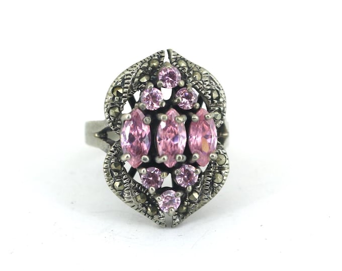 Vintage Beautiful Shiny Marcasite Pink Crystals CZ Design Ring 925 Sterling Size 8.5 RG 4660