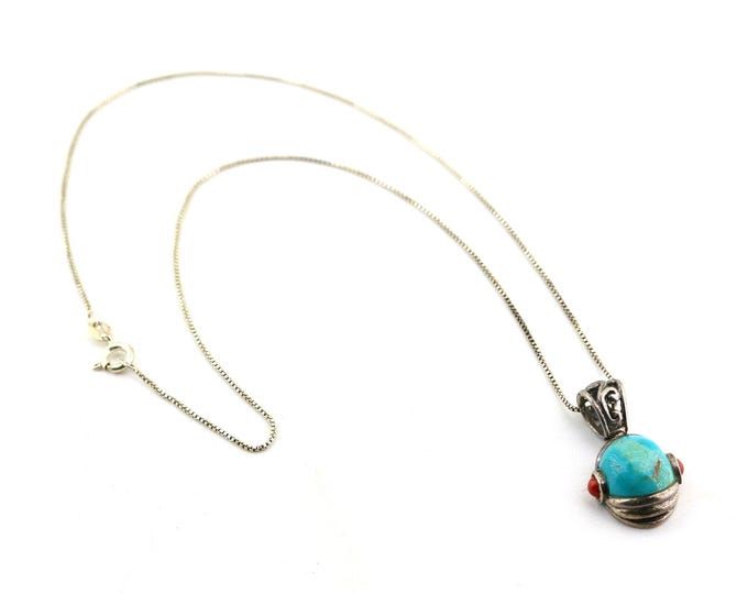 Vintage Oval Blue Turquoise Store Red Coral Beads Bali Thailand Style Chain Design Necklace 925 Sterling Silver NC 1516J