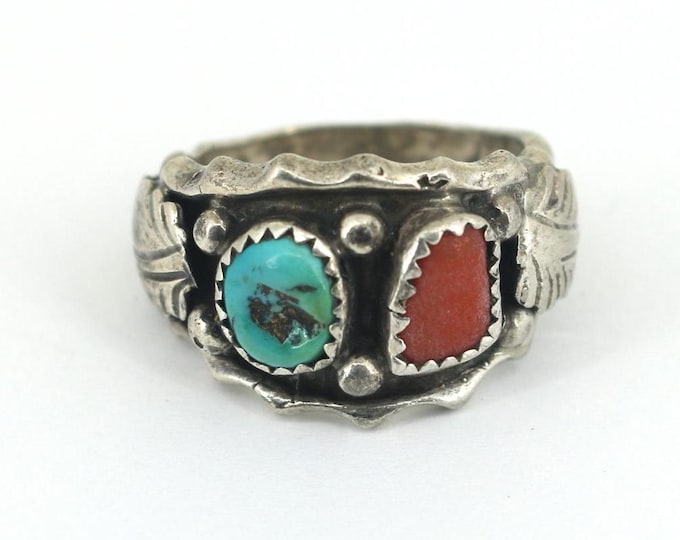 Vintage Navajo Native American Oval Turquoise & Coral Design Ring 925 Sterling Silver RG 4628