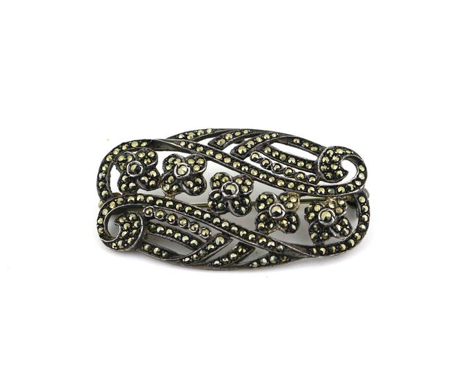Vintage Floral Leaves Marcasite Stones Design Brooch Sterling Silver 925 BB 1807K