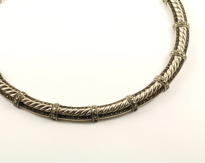 Vintage 17 Inch Sparkling Bar Marcasite Link Chain Necklace 925 Sterling NC 1287