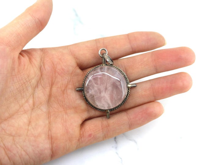 Vintage Genuine Rose Quartz Cabochon Pendant 925 Sterling Silver PD 1281