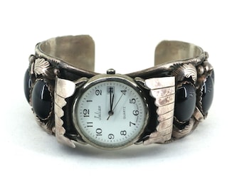 Vintage Julian Southwestern Onyx Cuff Watch 925 Sterling Silver OT 42