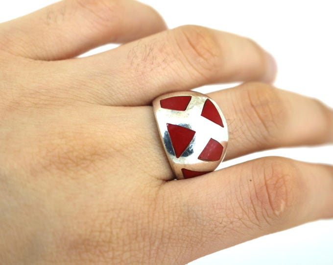 Vintage Large Red Enamel Triangle Design Band Ring 925 Sterling Silver RG 4167