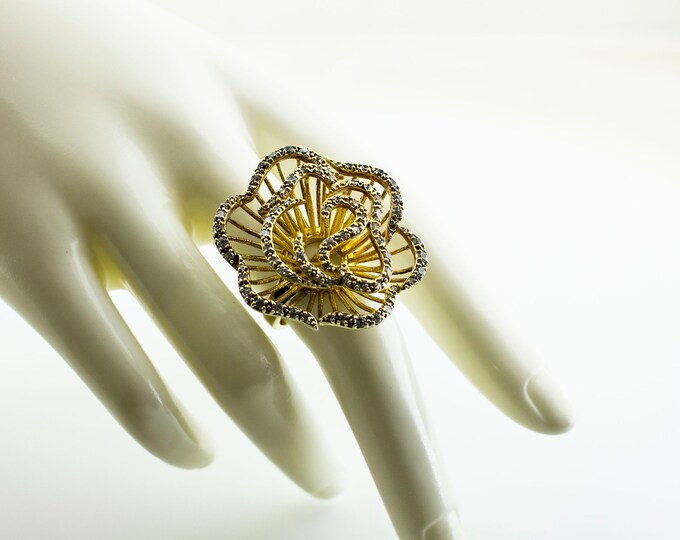 Vintage Size 8  Massive Open Cut Flower Design Tiny White Stones Inly Elegant Statement Ring Sterling 925 Silver RG 3234Q