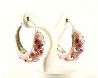 Vintage Pink Rhinestone Sparkling Design Hoop Earrings Sterling Silver Er 1197