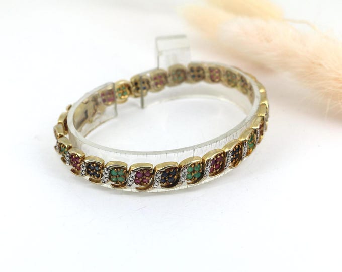 Vintage Multi Color Crystals Design Link Bracelet Sterling 925 Br 617(123759779547)