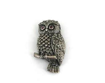 Vintage Marcasite Owl Brooch Red Eyes Pendant Pin/Brooch 925 Sterling BB 016
