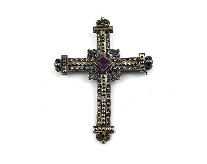 Vintage Large Tarnished Shiny Marcasite Stones Purple Amethyst Cross Religious Design Brooch Pin Sterling Silver 925 BB 2258