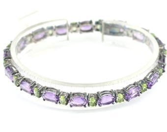 Vintage Sparkling Oval Cut Lab Purple & Green Crystals CZ Tennis Link Design Bracelet Sterling Silver 925 BR 2416
