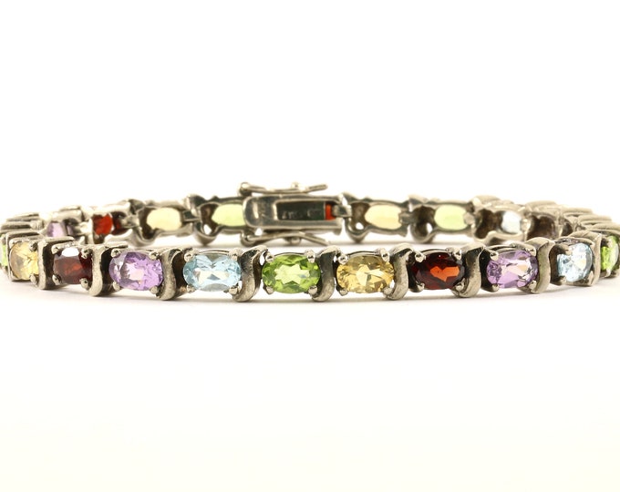 Vintage Multi Color Crystals Tennis Design Link Bracelet Sterling BR 2595