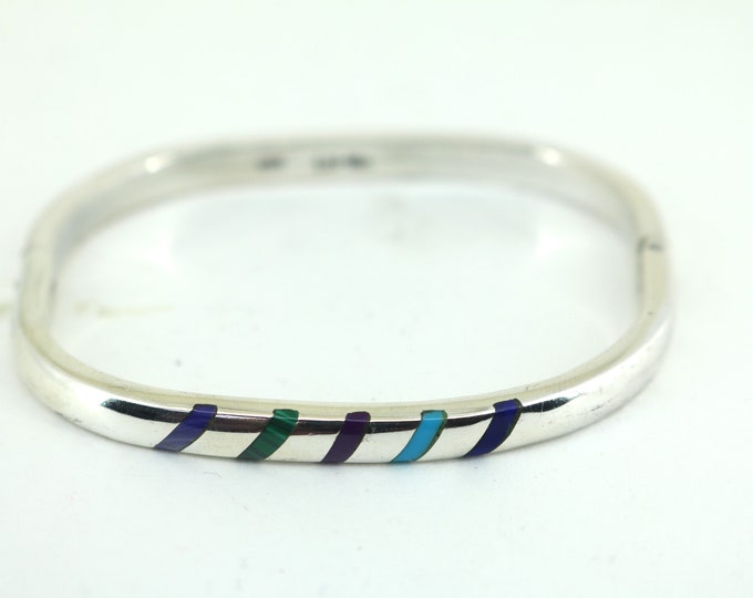 Vintage Mexico Rectangular Hinged Inlaid Multi Stone Bangle Bracelet 925 Sterling Br 242