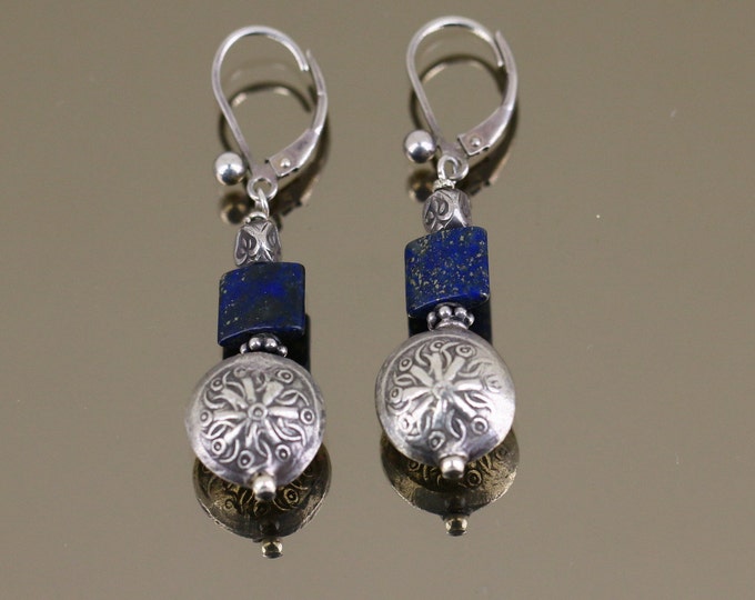Vintage Shiny Blue Lapis Lazuli Round Beads Thailand Harmony Design Lever Back Earrings Sterling Silver 925 ER 1834