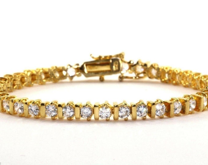Vintage Cz Round Links Gold Plate Tennis Bracelet 925 Silver Br 1706(123720989898)