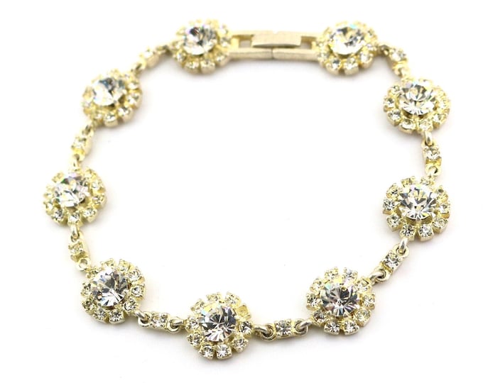 Vintage Sparkling White Crystals CZ Flowers Floral Design Tennis Chain Bracelet 925 Sterling Silver BR 852L