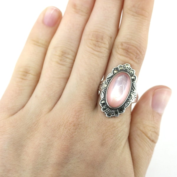 Vintage Size 7.5 Pink Stone & Marcasites Ring 925 Sterling Rg 2324