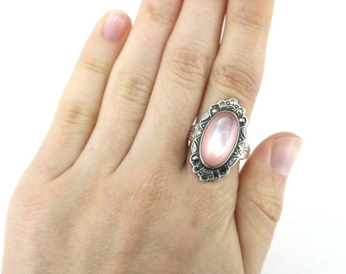 Vintage Size 7.5 Pink Stone & Marcasites Ring 925 Sterling Rg 2324