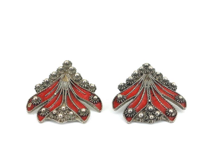 Vintage Red Enamel Clip On Earrings 900 Sterling Silver ER 1585