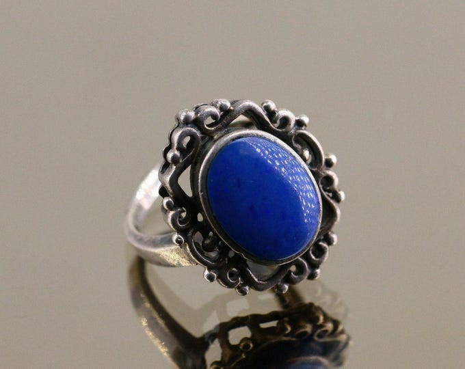 Vintage Oval Blue Lapis Lazuli Stone Scrolls Victorian Design Ring 925 Sterling Silver Size 7.25 RG 3726j