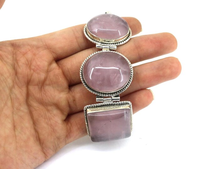 Vintage Large Rose Quartz Healing Crystal Link  Bracelet 925 Sterling BR 3565