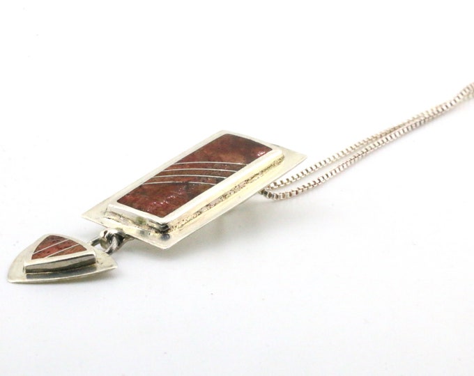 Vintage Rectangle Shape Brown Design Pendant Necklace 925 Sterling NC 3LLL