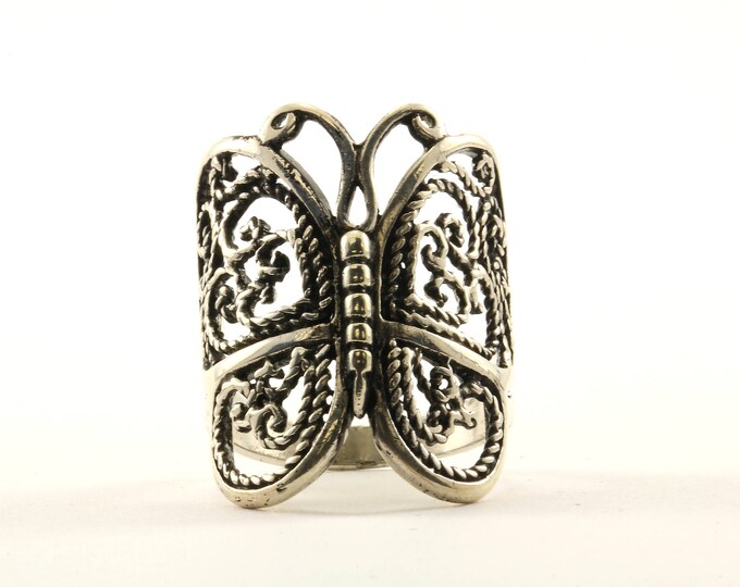 Vintage Size 8 Large Scroll Design Butterfly Ring 925 Sterling Silver RG 2223
