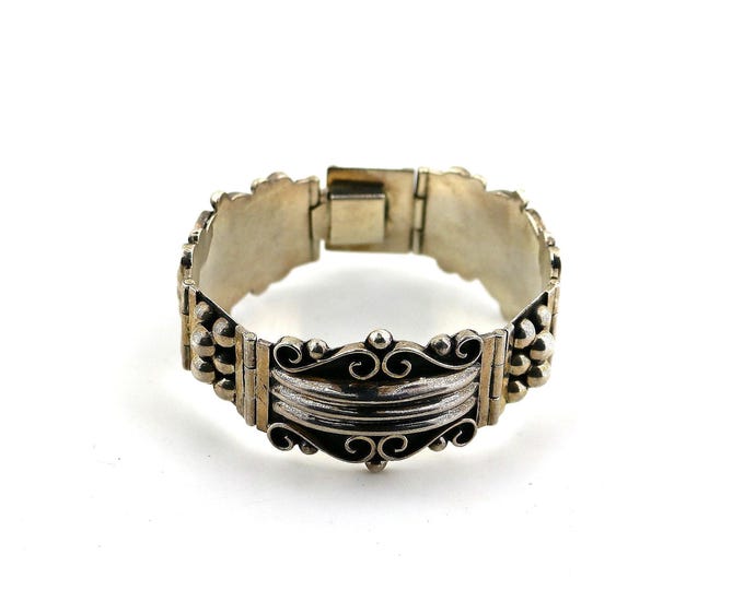 Vintage Beautiful Mexico Beads Beaded Fancy Scroll Link Design Bracelet 925 Sterling Silver BR 8