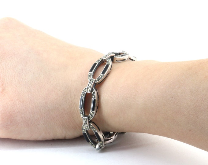 Vintage Small Wrist Oval Links Marcasite & Onyx Stones Design Bracelet 925 Sterling Silver BR 628