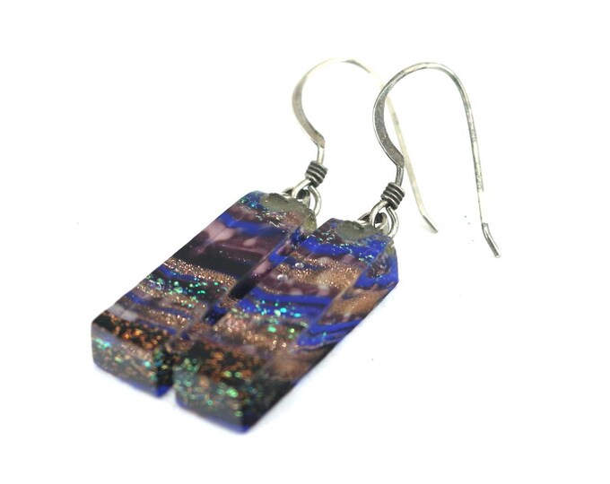 Vintage Beautiful Purple Dichroic Glass Design Drop/Dangle Earrings Sterling Silver ER 734