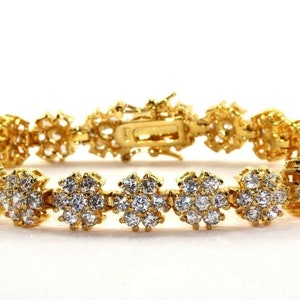 Bracelet tennis plaqué or vintage avec cristaux de fleurs, 925 sterling Br 1710