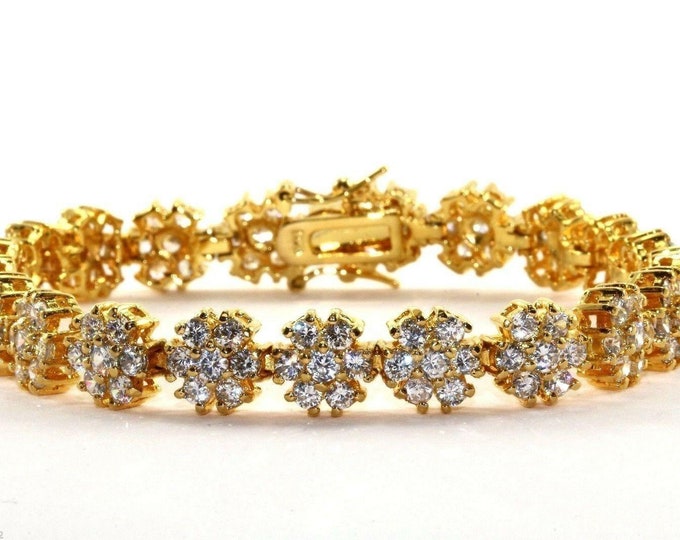 Vintage Flower Crystals Links Gold Plate Tennis Bracelet 925 Sterling Br 1710