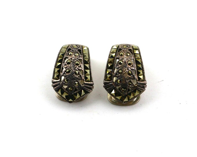 Vintage Shiny Leaf Marcasite Stones Thailand Design Clip On Earrings Sterling 925 ER 916U