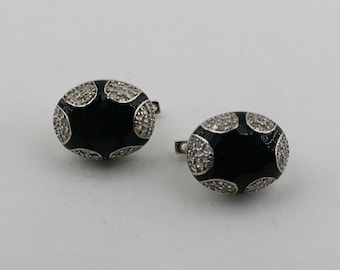 Vintage White Crystals CZ Black Enamel Oval Eggs Modernistic Design Hoop Earrings Sterling 925 ER 1110V