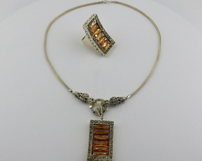 Vintage Bright Orange Baguette Cut Crystals Shiny Marcasite Stones Necklace with Ring Jewelry Set 925 Silver NC 2054S