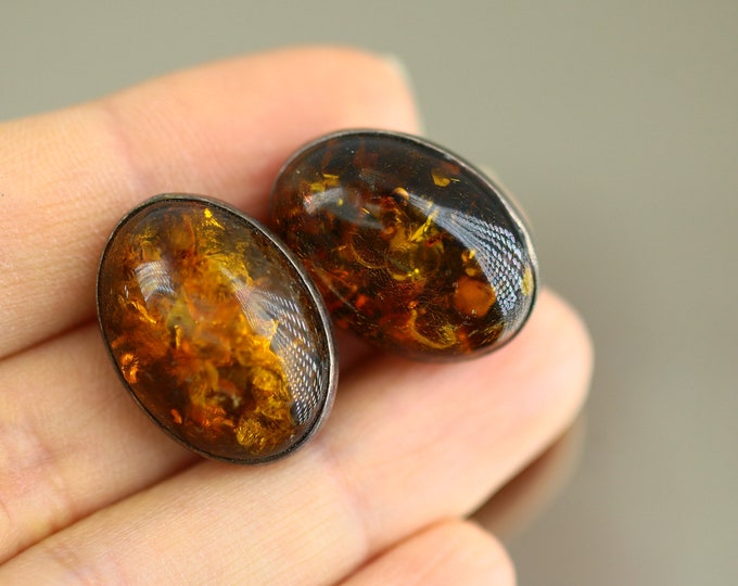 Vintage Beautiful Oval Natural Amber Design French Back Stud Earrings Sterling 925 ER 1495