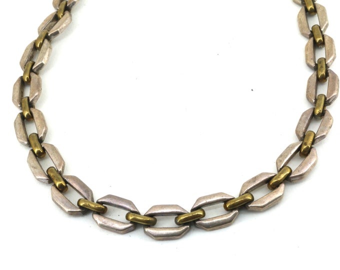 Vintage 18 Inch Two Tone Flat Links Chain Necklace 925 Sterling NC 1398
